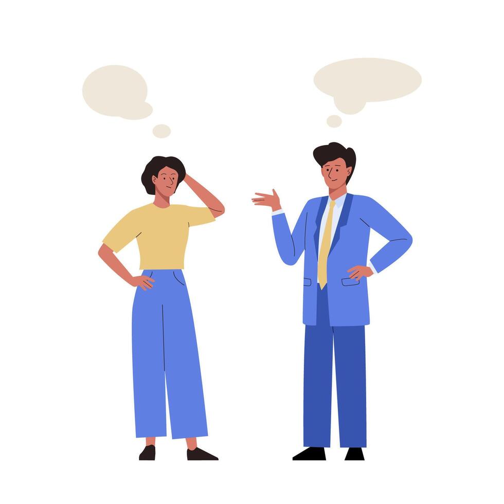 Chatting man and woman with empty speech bubbles. Business people meet and talk with each other. Dialogues between male and female characters. Flat cartoon illustration vector