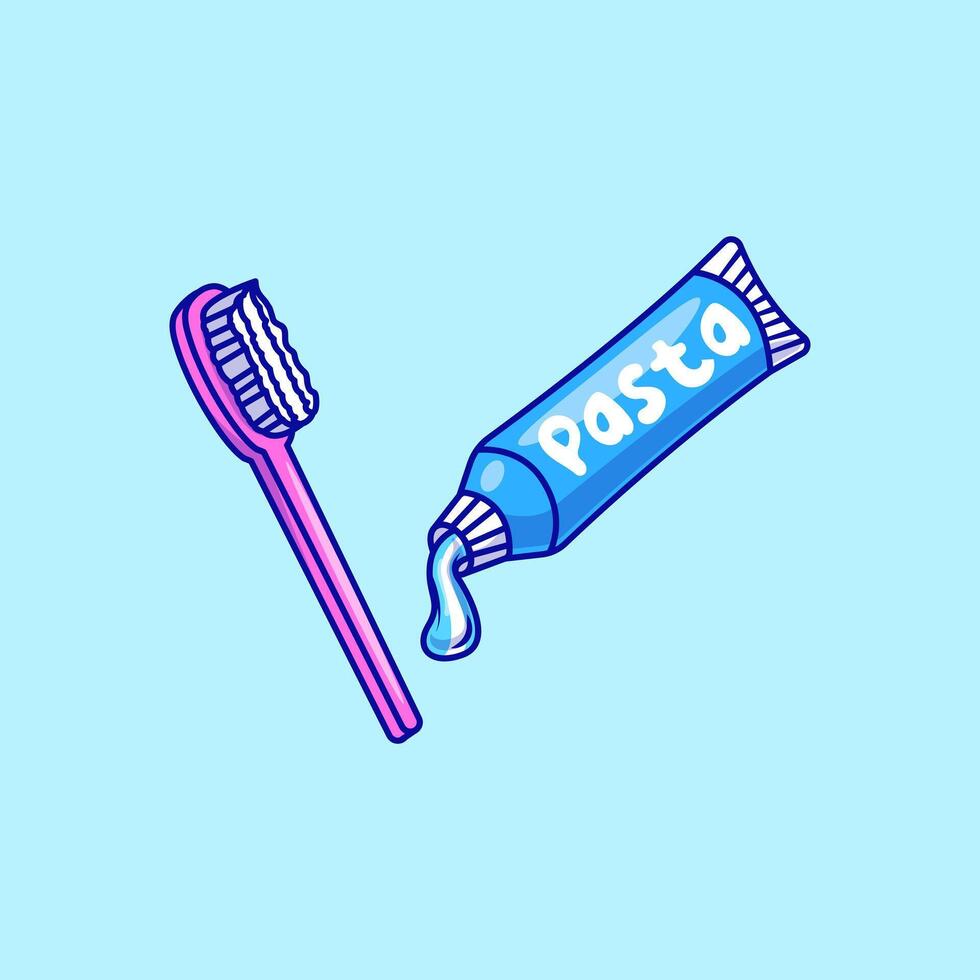 Toothpaste With Toothbrush Cartoon Illustrations. Healthcare Medical Concept. Flat Cartoon Outline Style. vector