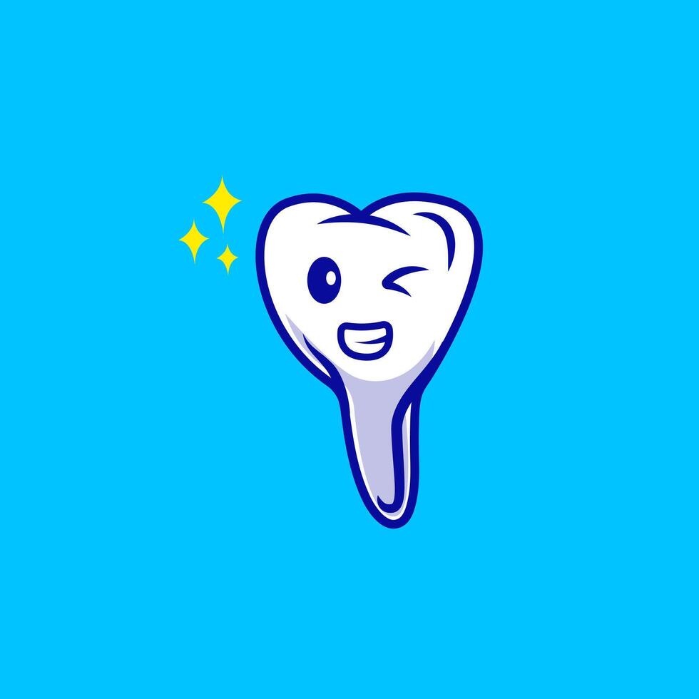 Cute Winking Tooth With Sparkle Cartoon Illustrations. Dental Hyiegine Mascot Character. Flat Cartoon Outline Style. vector