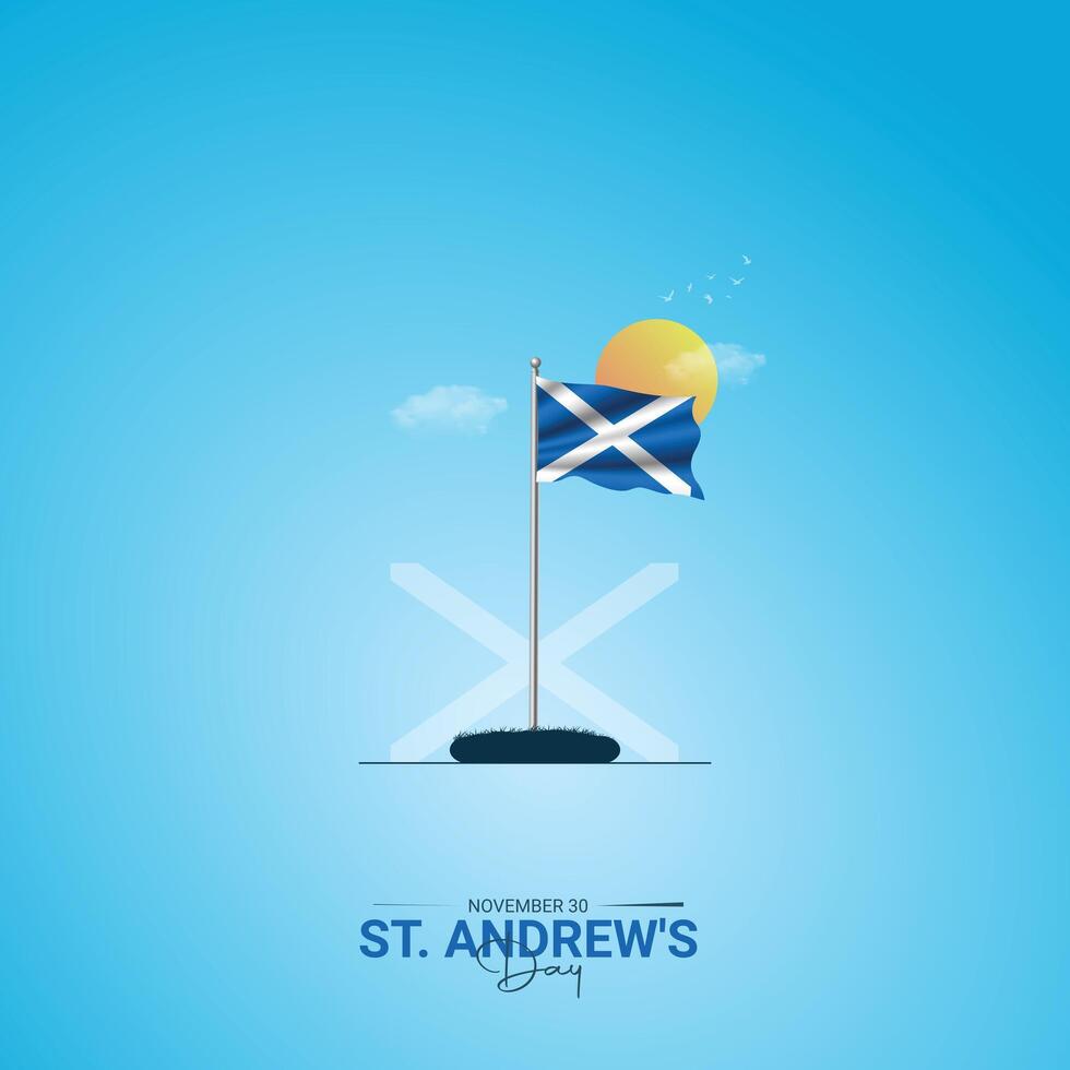 St. Andrew's Day with Scotland Flag in National Holiday Celebration Flat Cartoon Blue Background Design vector