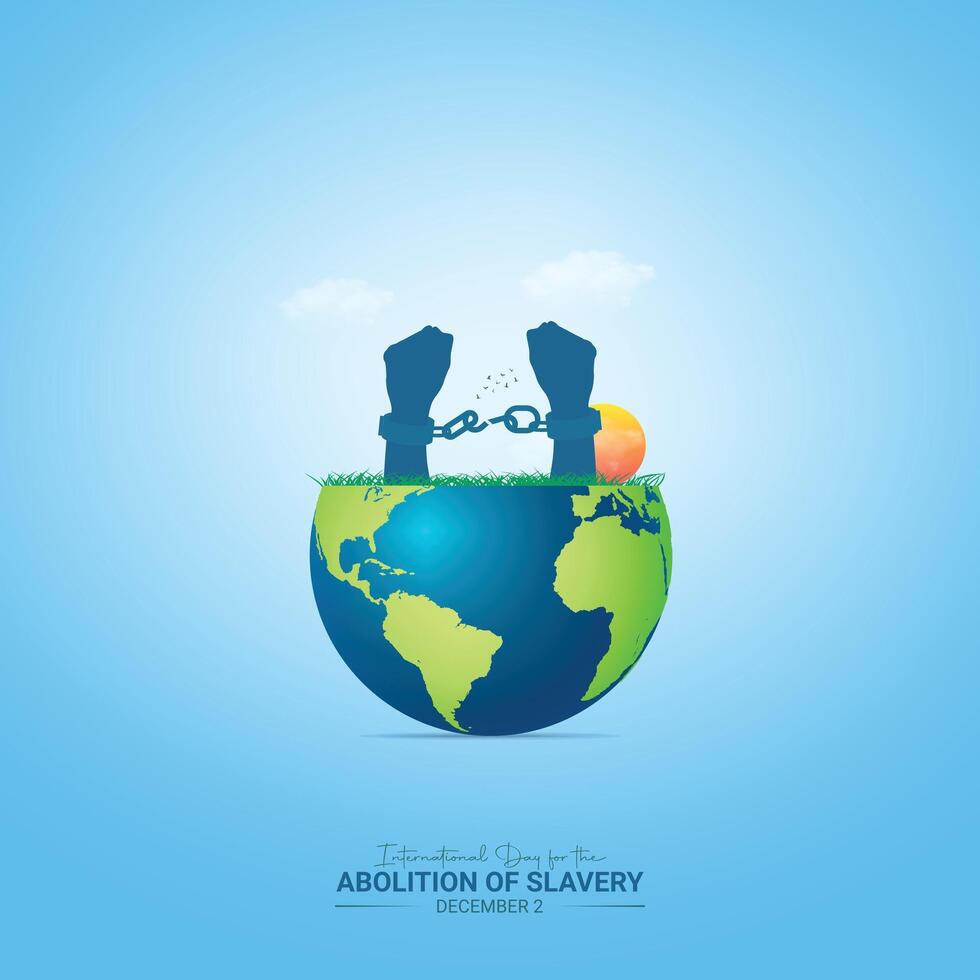 International Day for the Abolition of Slavery human hand holding gold medal and broken chains vector