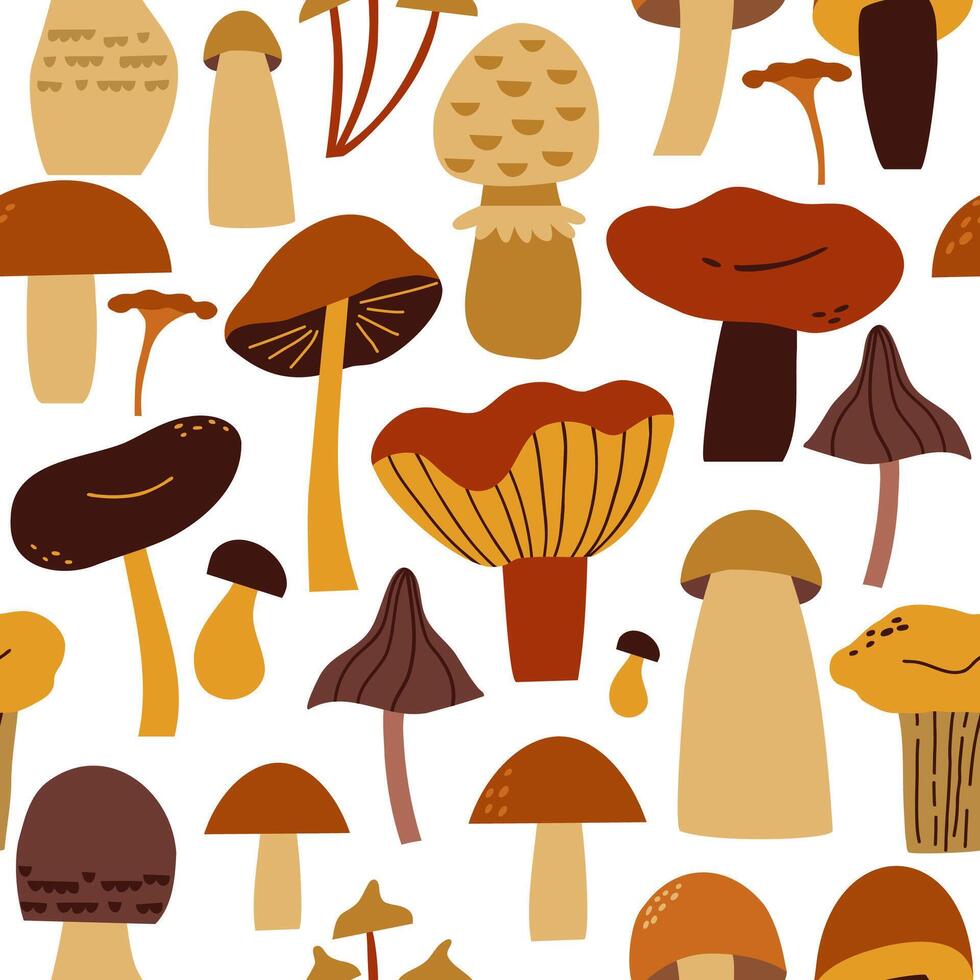 Seamless pattern with various hand drawn mushrooms. Autumn, mushrooms. illustration in flat style. vector