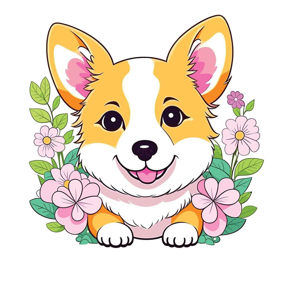 Cute little corgi with floral portrait white background vector