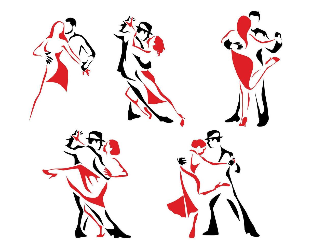 Stylized Dancers Red and Black Illustrations of Passionate Dance. Logo, set, collection, icon vector