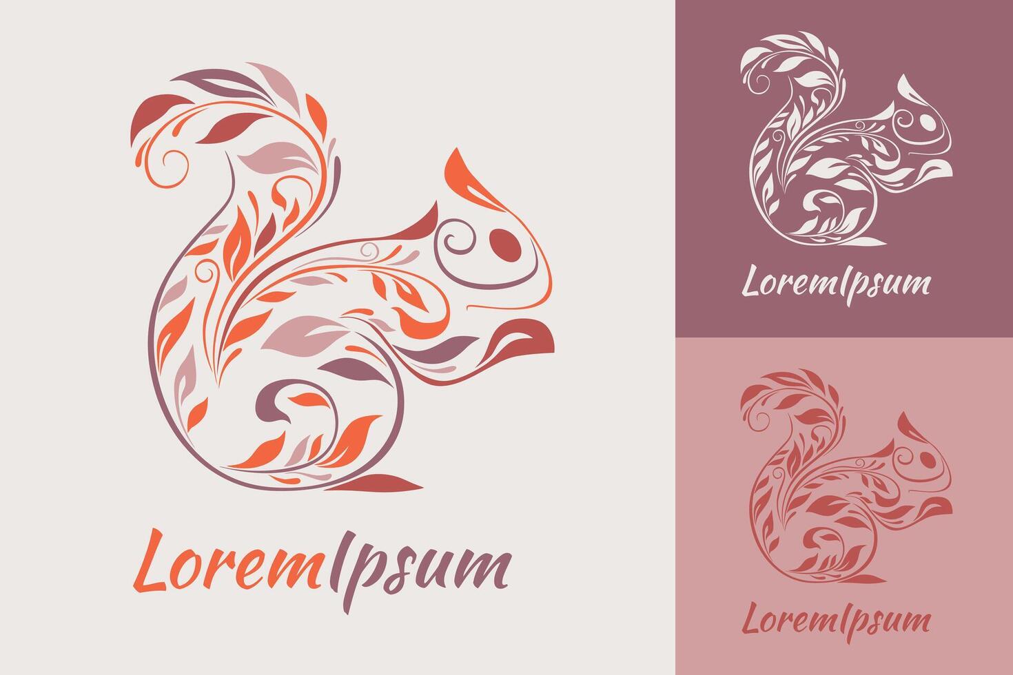 Squirrel logo with decorative leaves ornament, organic natural style logo vector