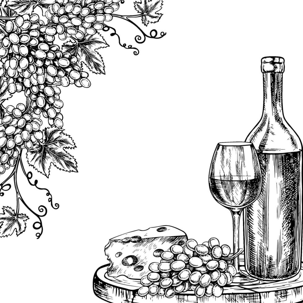 A frame with wine. Bunches of grapes, a bottle and a glass of wine. graphics, black and white hand-drawn illustration. On a white background. For packaging, label design. For banners, posters. vector