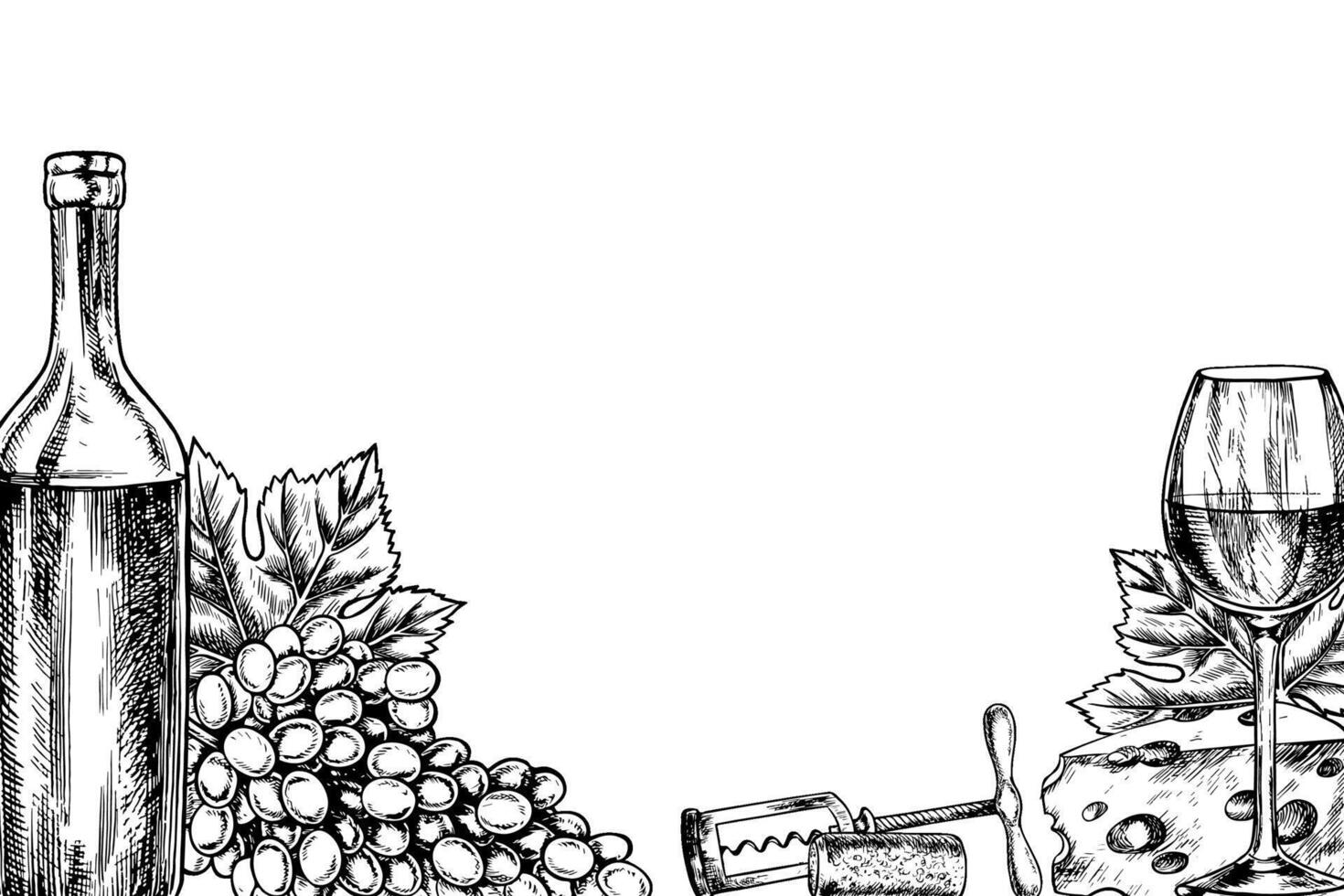 A frame with wine. Bunches of grapes, a bottle and a glass of wine. graphics, black and white hand-drawn illustration. On a white background. For packaging, label design. For banners, posters. vector