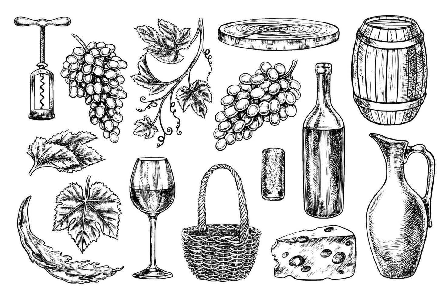 Wine. A set of clip art depicting wine, bottle, glass, cheese and grapes. A barrel, a jug, a corkscrew and a cork. A graphic illustration drawn by hand. Isolate on a white background. vector