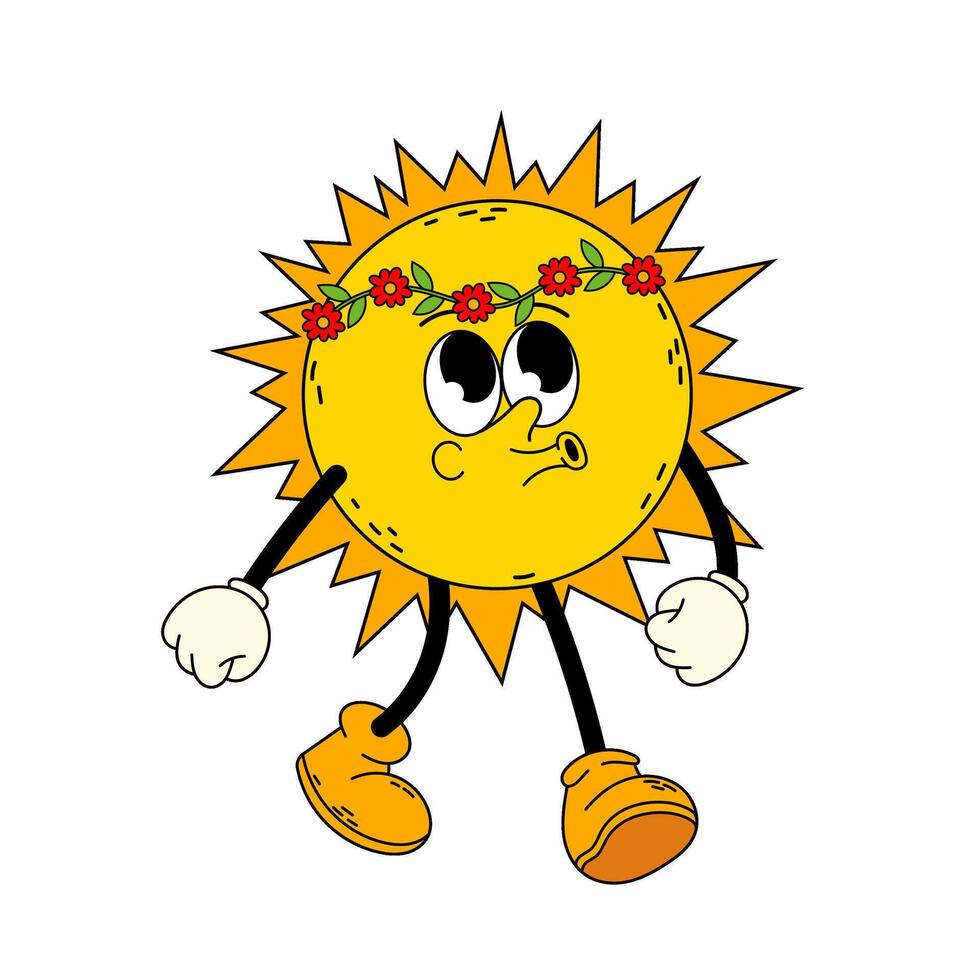 Groovy yellow sun character. Heavenly luminary. Funny sun in flower wreath. Retro cartoon character on white background. vector