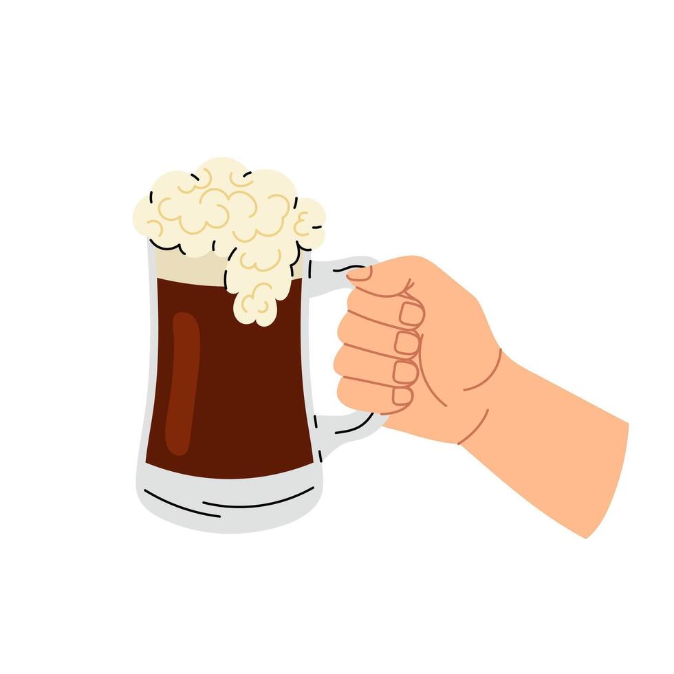 Glass mug of beer in hand. Alcoholic drinks, party, pub element. A pint of frothy dark beer. Flat illustration on white background. vector