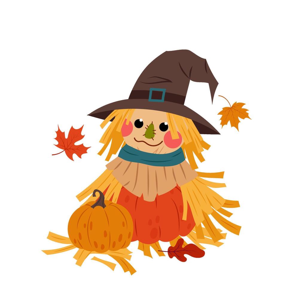 Garden scarecrow made of pumpkins and straw half. Autumn leaves. Garden, country, farm or cottage decor. Kids illustration of a scarecrow. vector