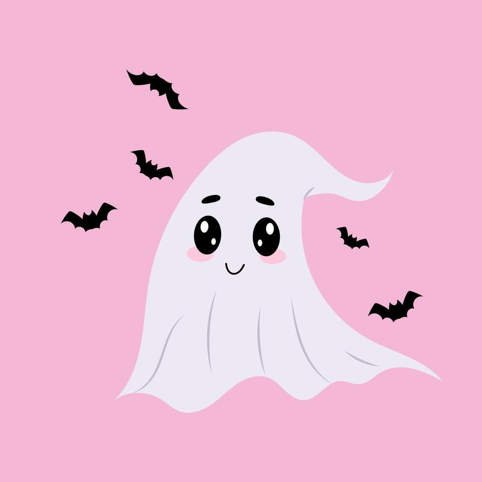 Cute ghost hangman on a pink background. Charming ghost with bats. Halloween character. Flat illustration in hand drawn style. vector