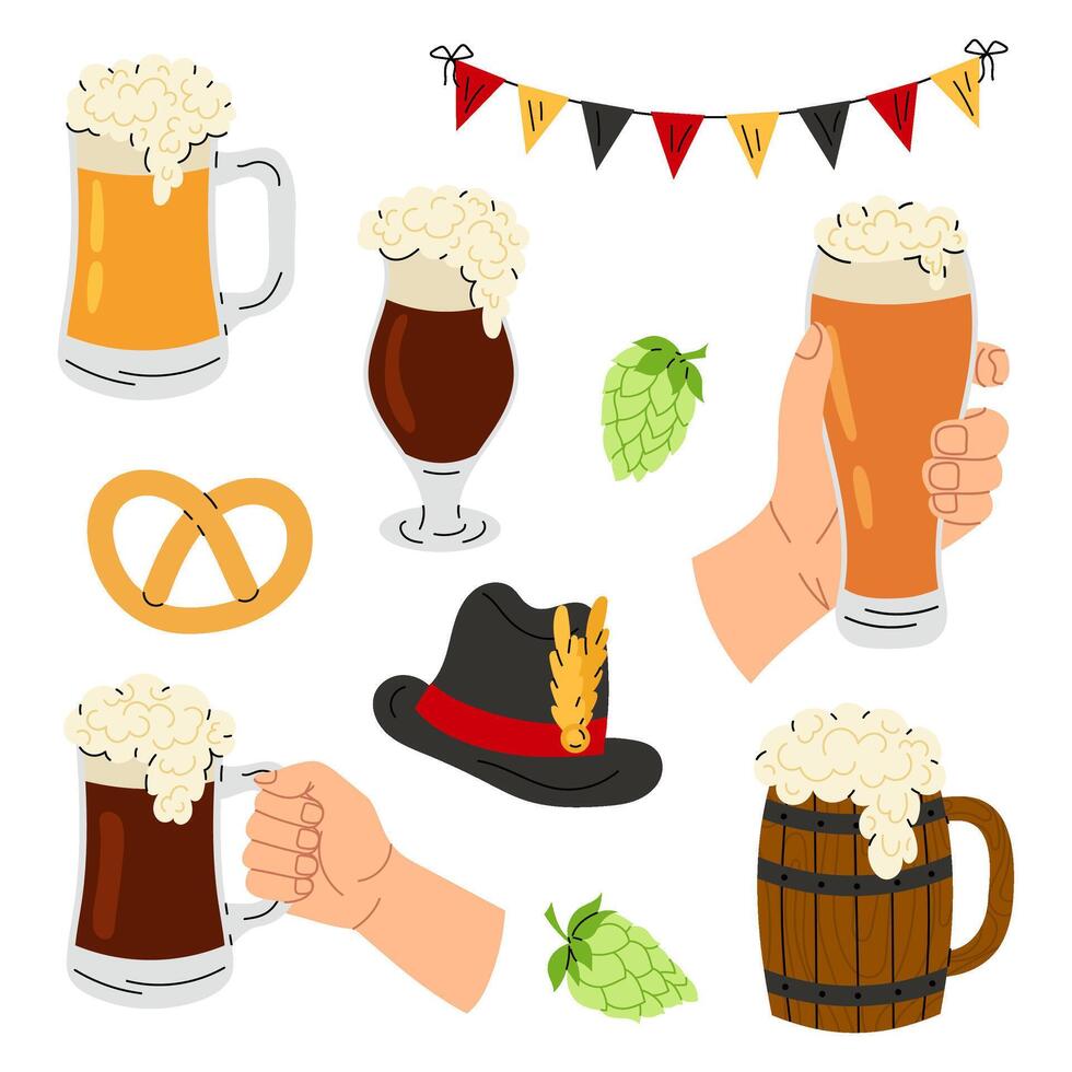 Beer. Different variations beer drink. Set illustrations for beer festival, background, flyer, invitations. Oktoberfest. Glass beer. Flat illustration on white background. vector