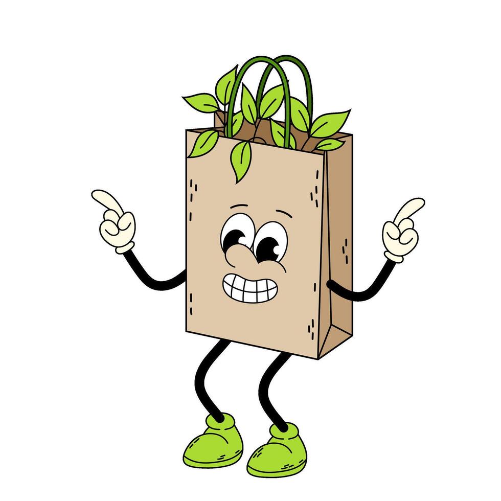 Groovy character of a paper bag. A bag made from recyclable materials. Eco-friendly packaging. Cartoon character on white background. vector