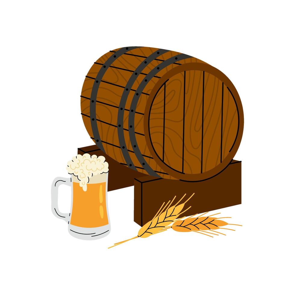 Wooden Beer Barrel. Barley spikes, an ingredient for making beer. A glass of light beer. Brewery. Flat illustration on white background. vector