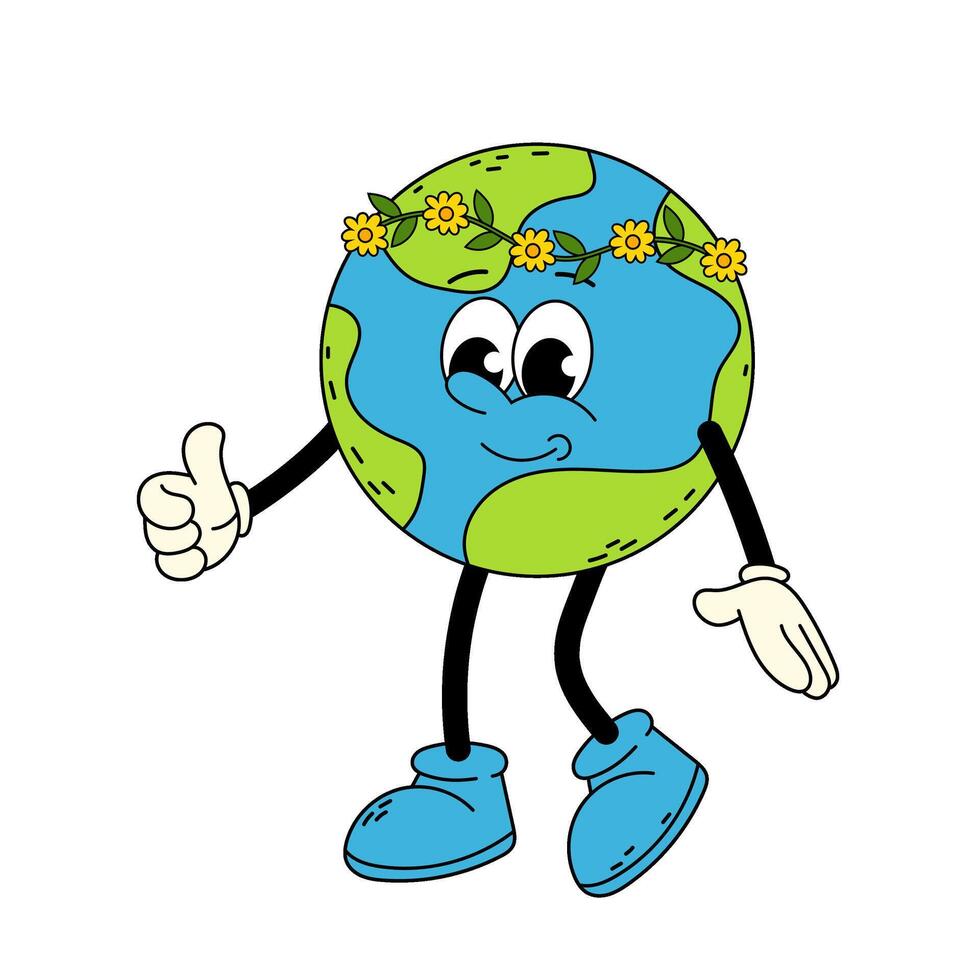 Groovy character of a earth planet. Smiling earth in flower wreath. Earth Day. Retro cartoon character on white background. vector