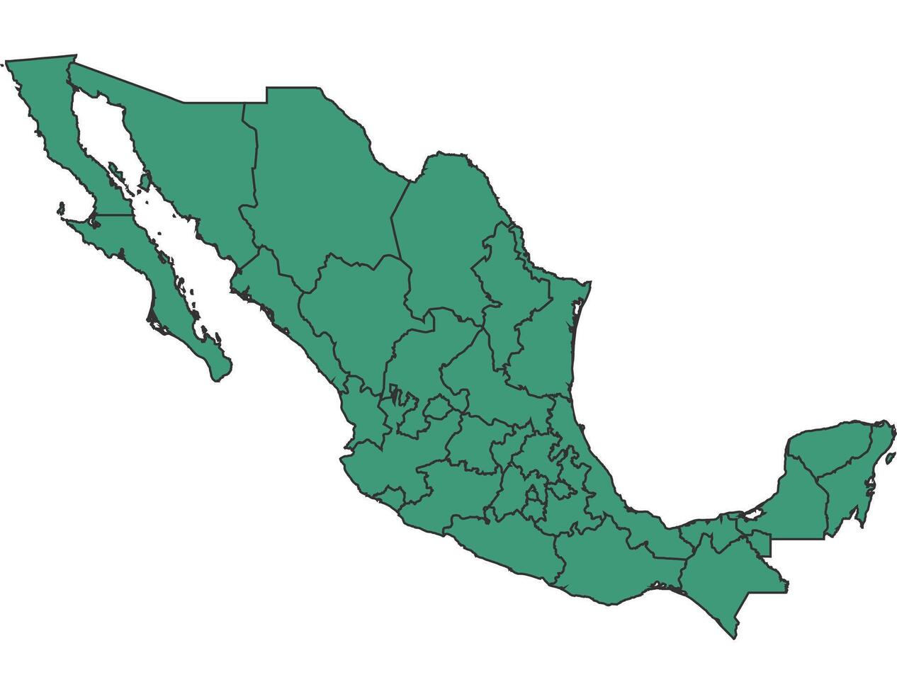 Green Mexico simple map with states border outline illustration vector
