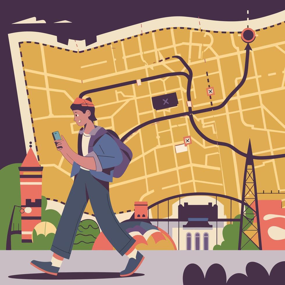 A man with a backpack walks down a street with a map of the city on the background vector
