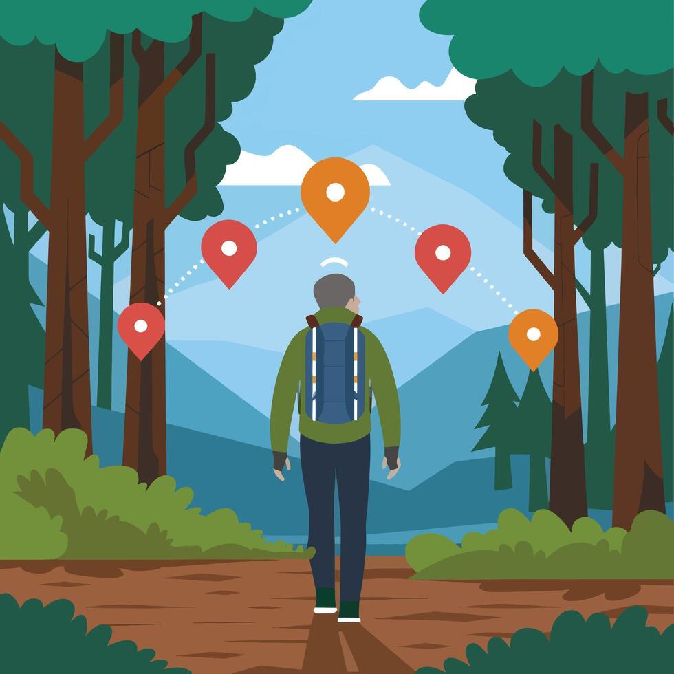 A man walks through a forest with a backpack and a map in the background vector
