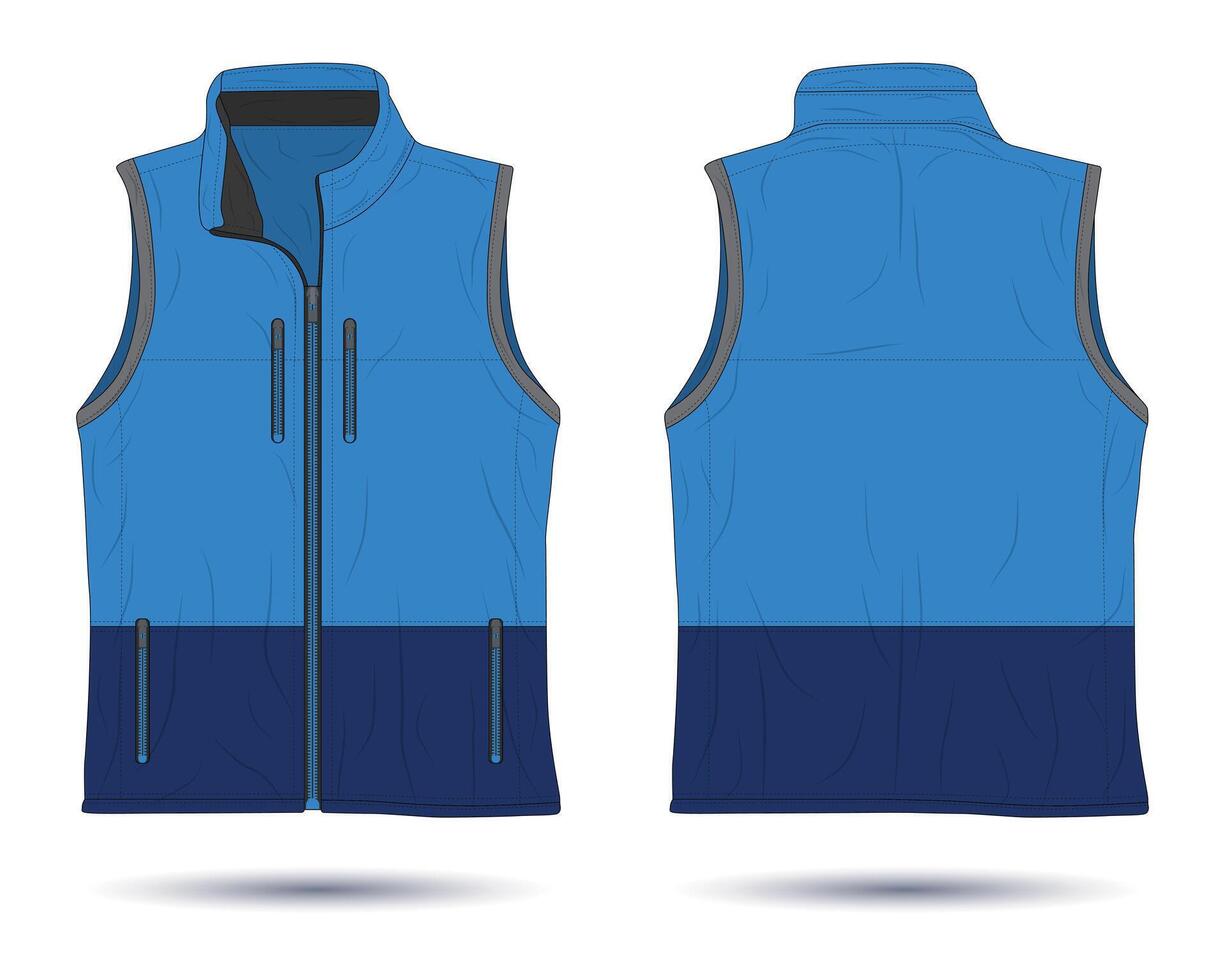 Modern blue zipper vest mockup front and back view vector