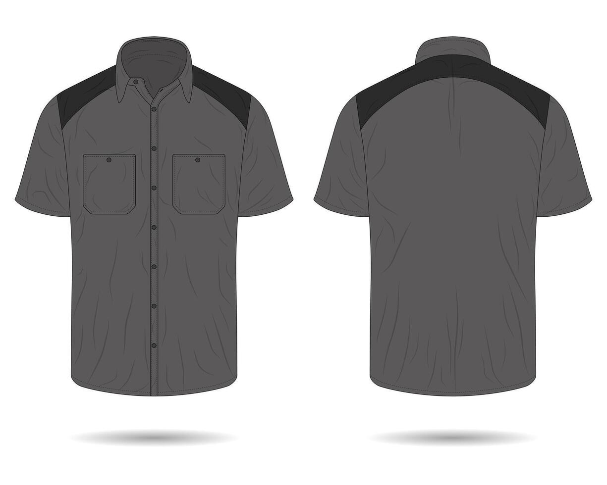 Short sleeve button down work shirt mockup front and back view vector