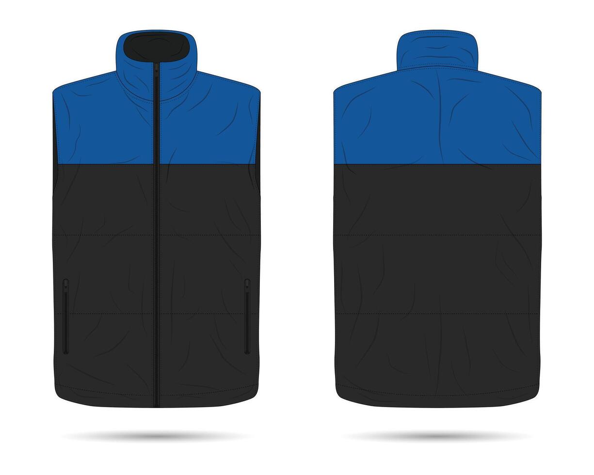Black and blue padded vest mockup front and back view vector