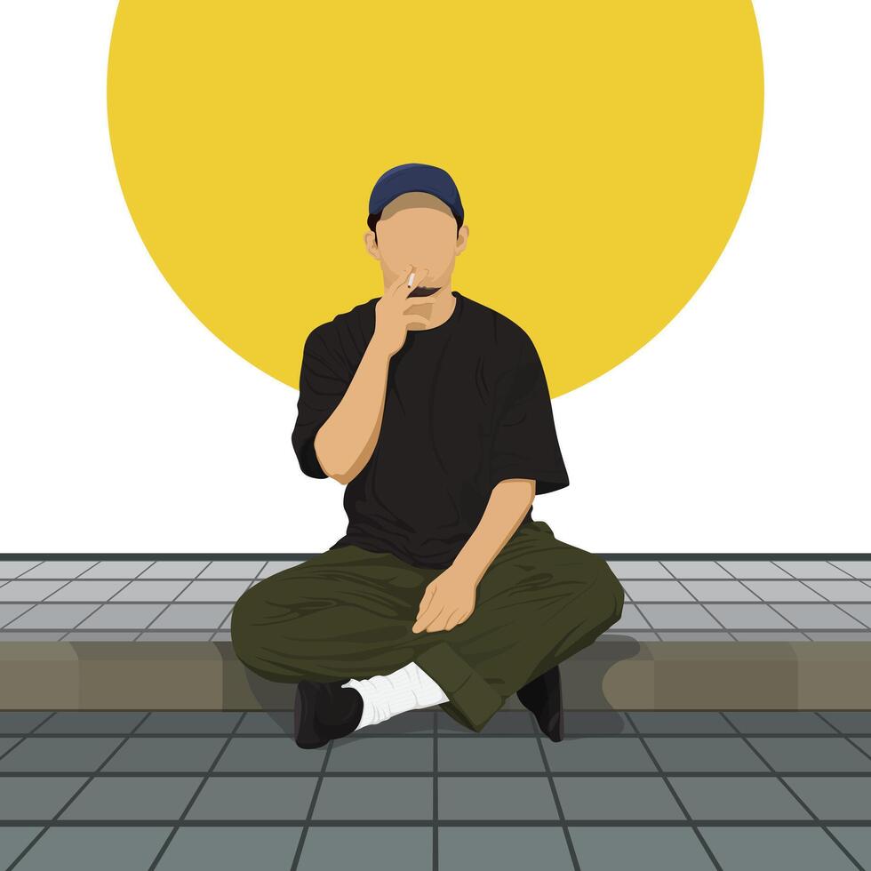 Illustration of male character sitting and smoking cigarette vector