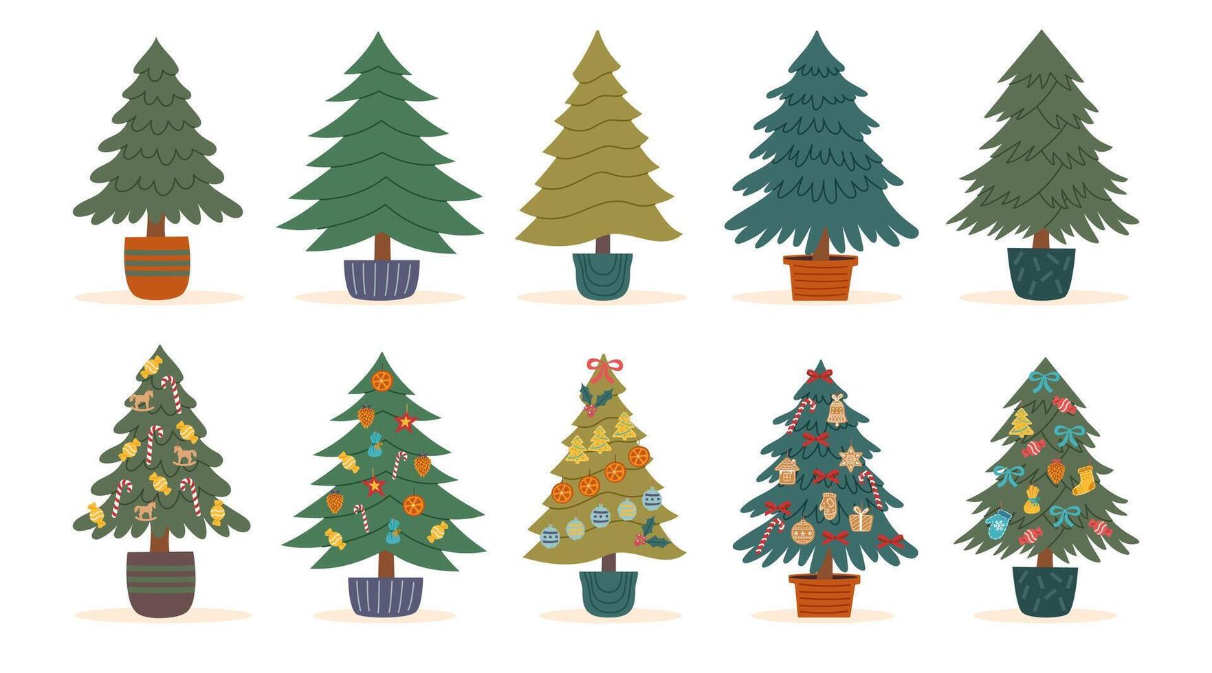 Set of decorated potted Christmas trees isolated on white background2. Sustainable Christmas concept. Christmas ornaments. vector