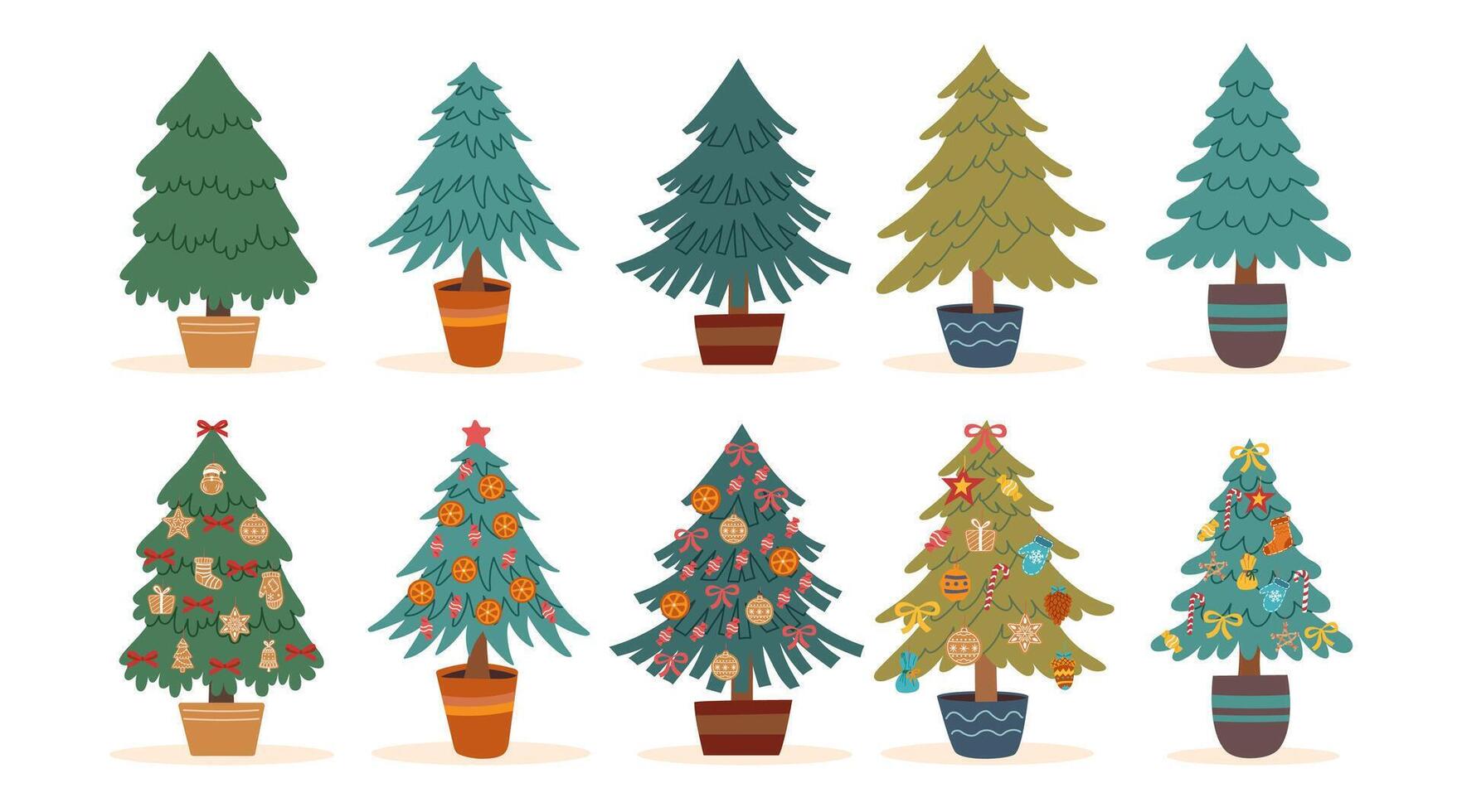 Set of decorated potted Christmas trees isolated on white background. Sustainable Christmas concept. Christmas ornaments. vector