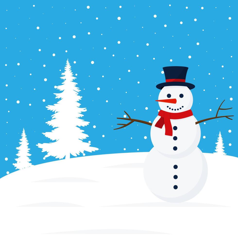 A snowman in a hat and scarf standing in the snow vector