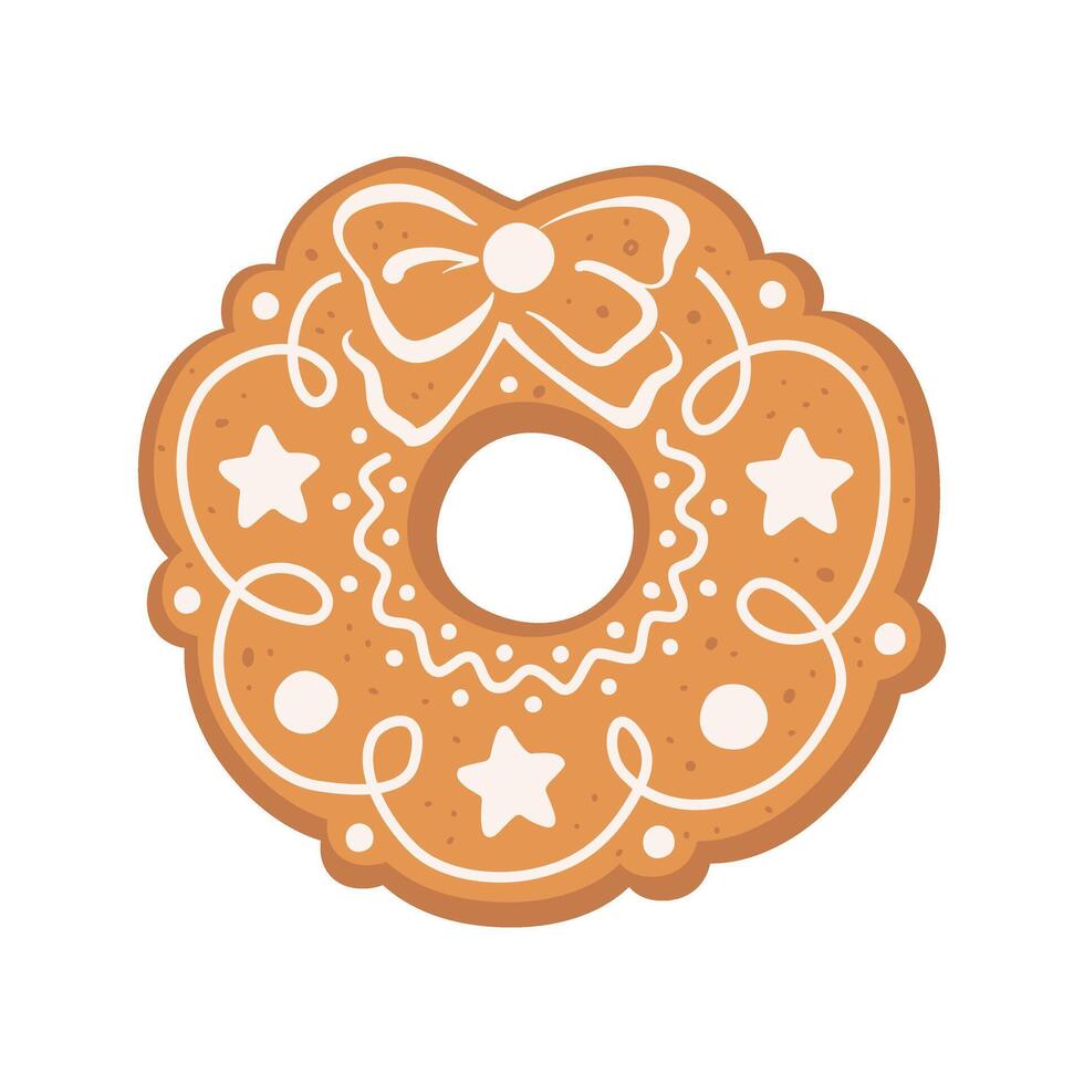 Gingerbread Christmas Wreath Winter Cookie with decorative sweet icing. vector