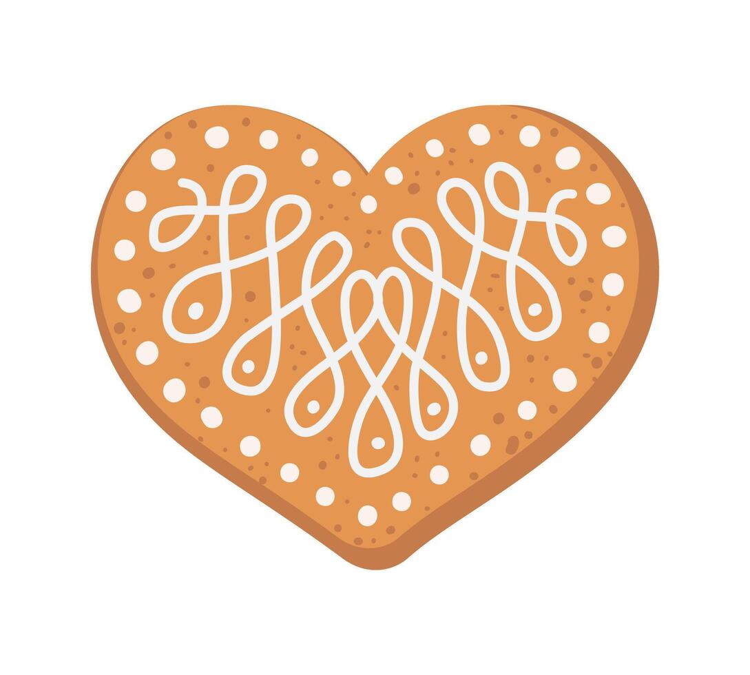 Gingerbread Heart shaped Cookie with decorative sweet icing. Christmas holiday homemade baking vector