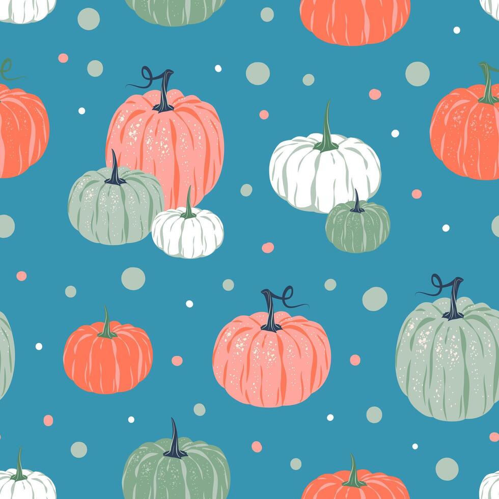 Seamless pattern of colorful pumpkins and spots. on blue background. vector