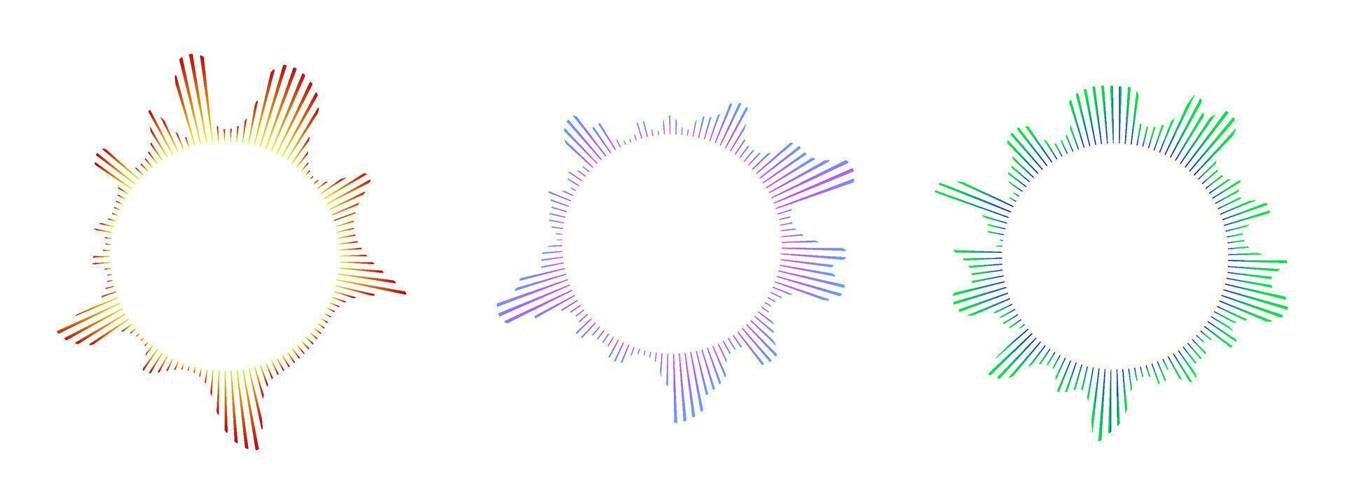 A set of multicolored circular sound waves. Sound neon lines, radial spectrum, sound equalizers. Circular geometric wavy frame. radial spectrum. Multicolor audio clipart lines. vector