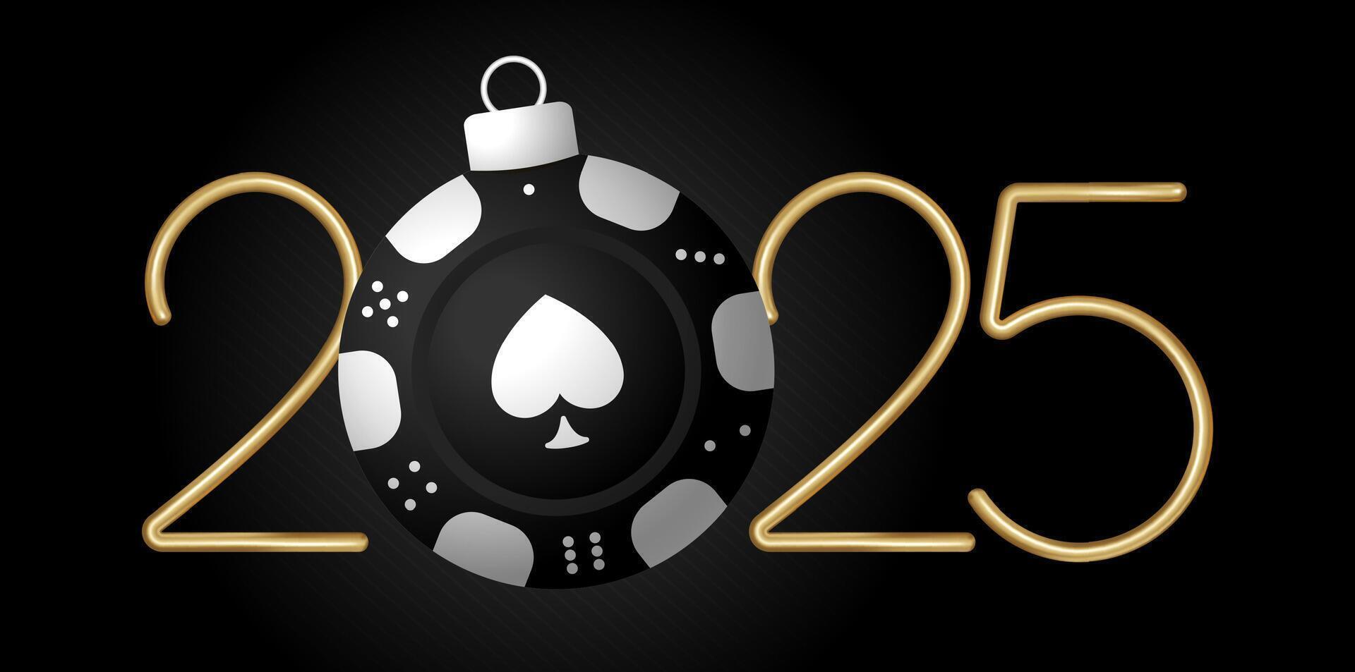 poker 2025 Happy New Year. Sports greeting card with golden number 2025 and ball on the black