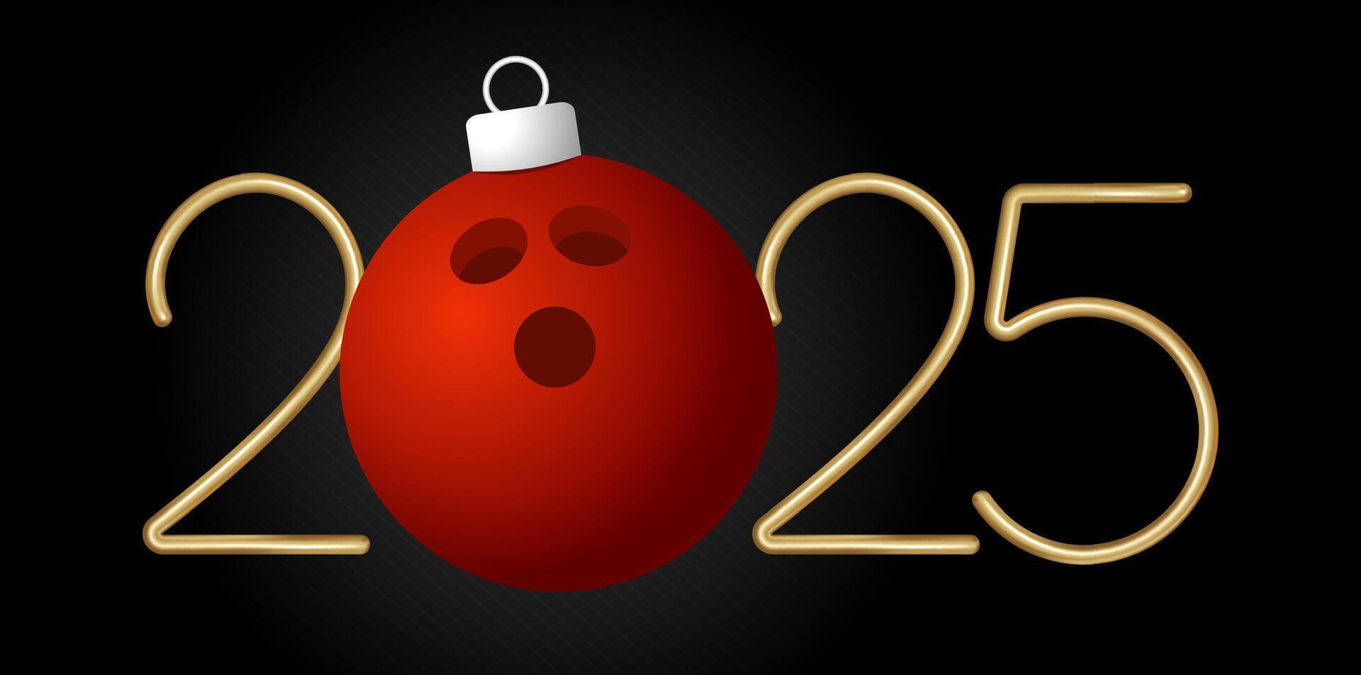 bowling 2025 Happy New Year. Sports greeting card with golden number 2025 and ball on the black background. illustration vector