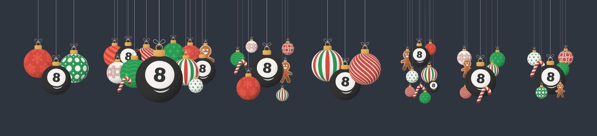 billiard Christmas Greeting grainy ball set. Group of Merry Christmas and happy new year sport retro Hang on a thread xmas ball bauble with grainy noise vector