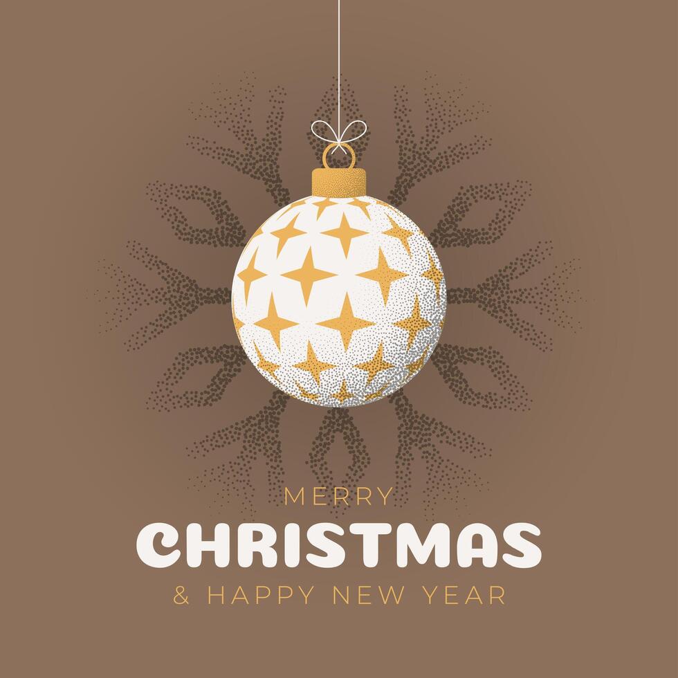 Christmas Greeting grainy card. Merry Christmas and happy new year sport retro greeting card. Hang on a thread xmas ball bauble on noise brown stipple background vector