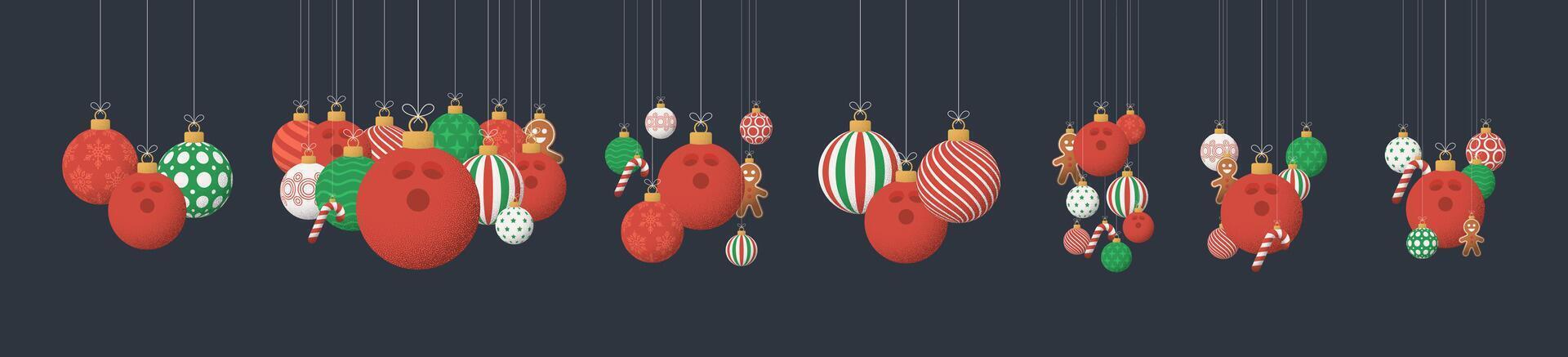 bowling Christmas Greeting grainy ball set. Group of Merry Christmas and happy new year sport retro Hang on a thread xmas ball bauble with grainy noise vector