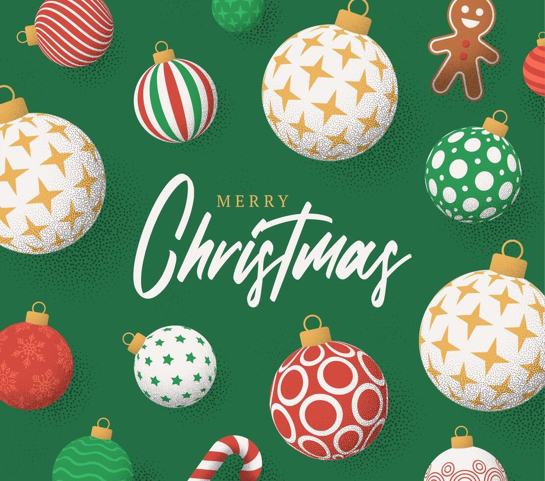 Christmas Greeting grainy card. Merry Christmas and happy new year retro greeting card. Hang on a thread xmas ball bauble on noise green stipple background vector