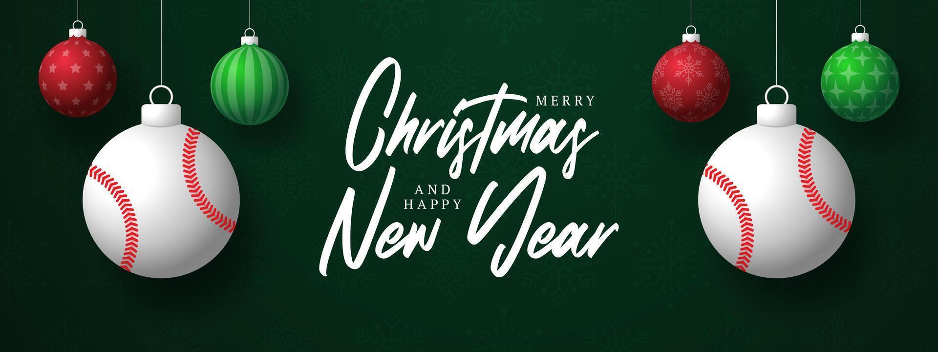 Christmas Greeting card. Merry Christmas and happy new year sport greeting card. Hang on a thread green and red xmas ball bauble on green on background. Sport illustration vector