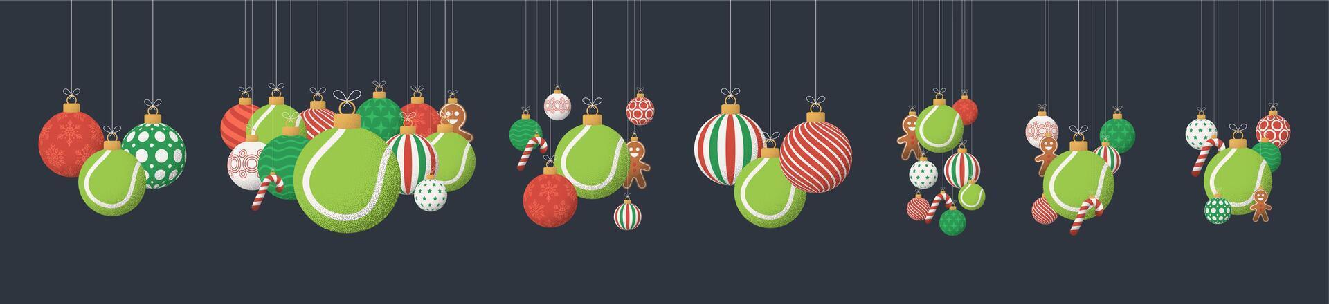 tennis Christmas Greeting grainy ball set. Group of Merry Christmas and happy new year sport retro Hang on a thread xmas ball bauble with grainy noise vector