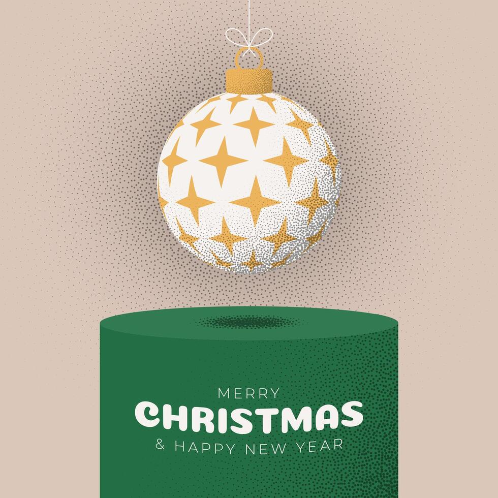 Christmas Greeting grainy card. Podium Merry Christmas and happy new year retro greeting card. Hang on a thread xmas ball bauble on noise stipple background vector