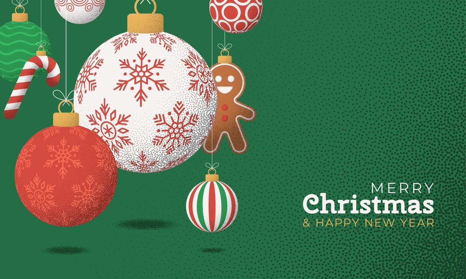 Christmas Greeting grainy card. Merry Christmas and happy new year retro greeting card. Hang on a thread xmas ball bauble on noise green stipple background vector