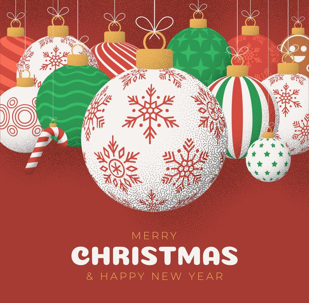 Christmas Greeting grainy card. Merry Christmas and happy new year retro greeting card. Hang on a thread xmas ball bauble on noise red stipple background vector