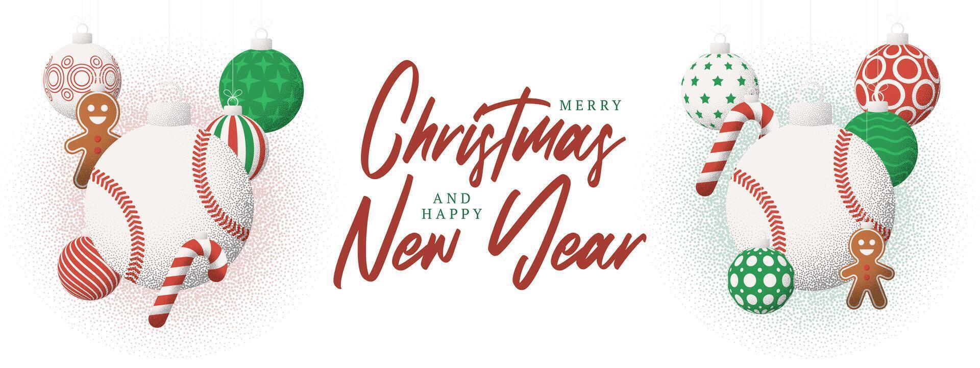 baseball Christmas Greeting grainy card. Merry Christmas and happy new year sport retro greeting card. Hang on a thread xmas ball bauble on noise white stipple background. vector