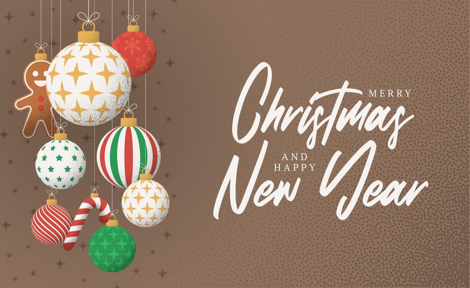 Christmas Greeting grainy card. Merry Christmas and happy new year retro greeting card. Hang on a thread xmas ball bauble on noise brown stipple background vector