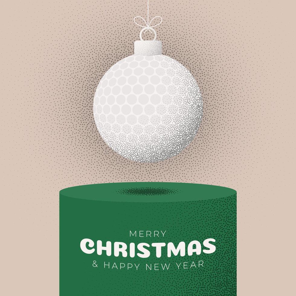 golf Christmas Greeting grainy card. Podium Merry Christmas and happy new year sport retro greeting card. Hang on a thread xmas ball bauble on noise stipple background. vector