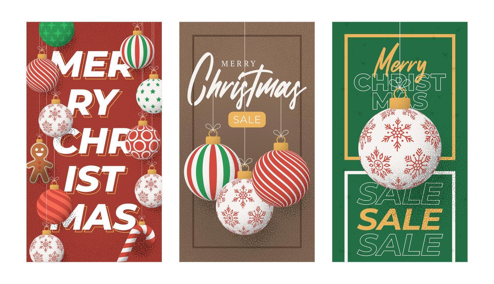 Christmas Greeting grainy card set. Vertical Merry Christmas and happy new year retro greeting card. Hang on a thread xmas ball bauble on noise stipple background vector