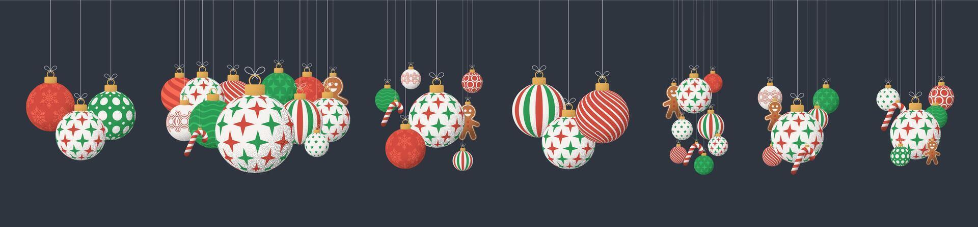 Christmas Greeting grainy ball set. Group of Merry Christmas and happy new year vintage retro Hang on a thread xmas ball bauble with grainy noise vector